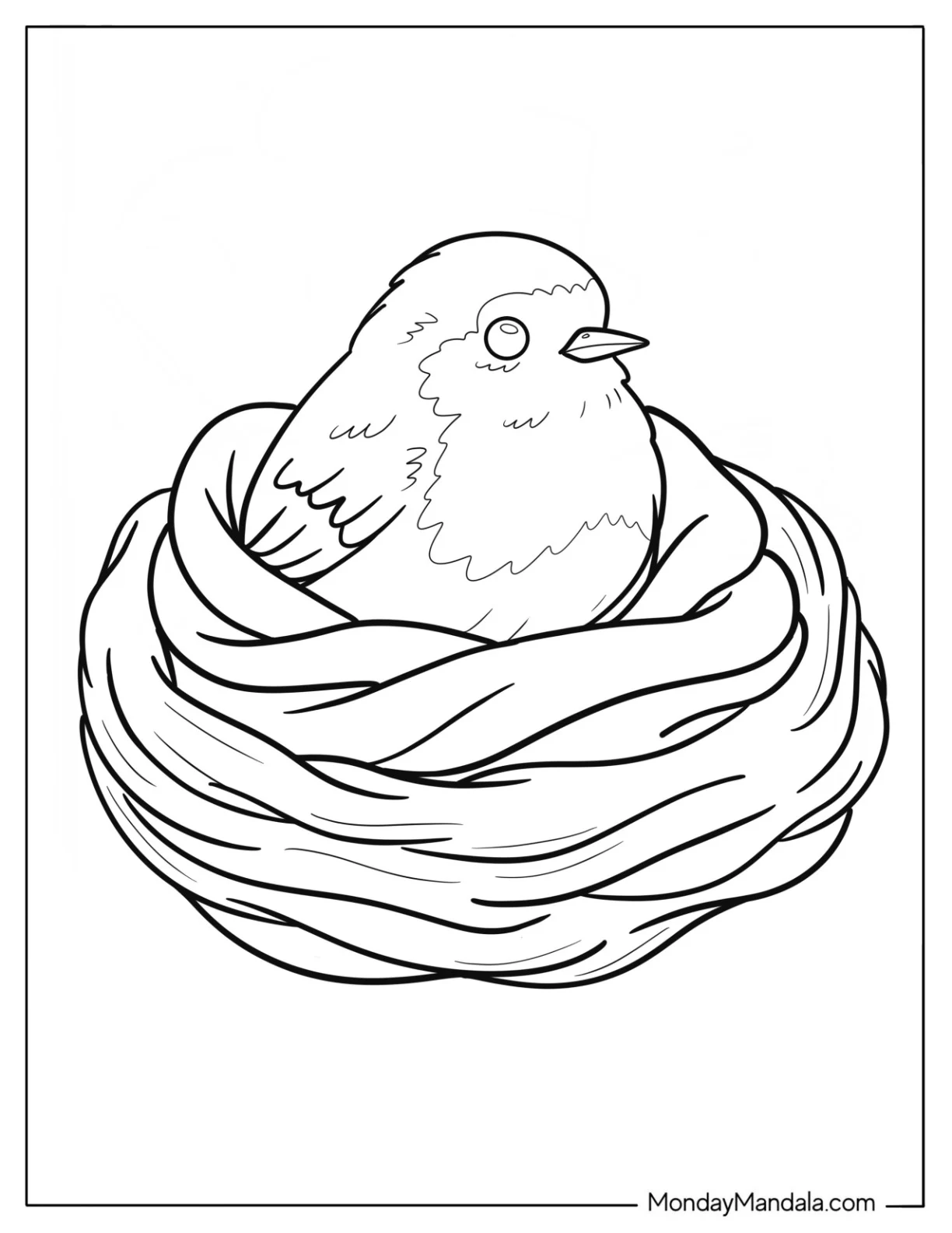 Baby Robin Coloring Page Resting in Nest with Fluffy Feathers and Twigs for Preschoolers coloring page