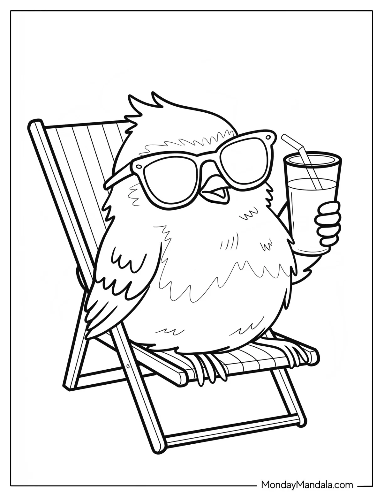 Chill Robin Coloring Page on Beach Holiday with Sunglasses and Cold Drink for Kids coloring page