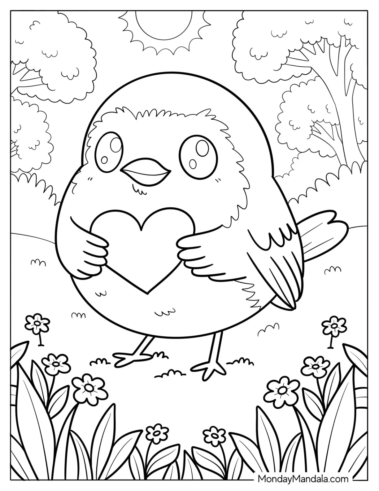 Cute Robin Coloring Page Holding Heart in Flower Garden with Sunny Sky for Preschoolers coloring page