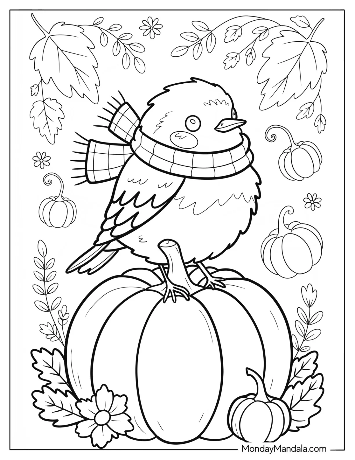 Fall Robin Coloring Page Wearing Scarf Sitting on Pumpkin with Leaves and Gourds for Kids coloring page