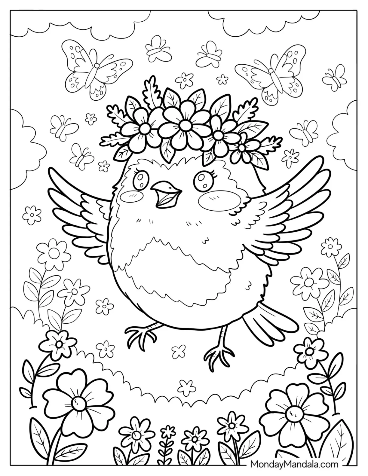 Festive Spring Robin Coloring Page Dancing Among Flowers and Flying Butterflies coloring page