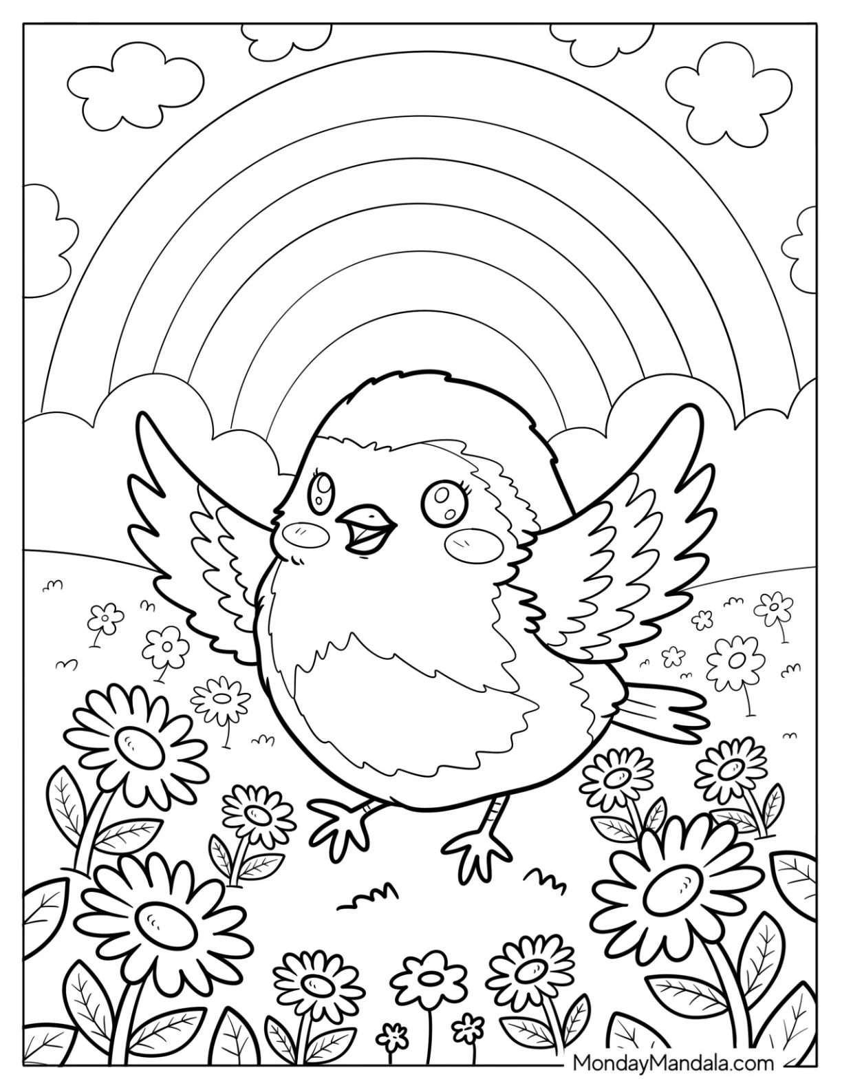 Joyful Robin Coloring Page Flying Over Flower Field with Rainbow and Sunshine coloring page — printable line art