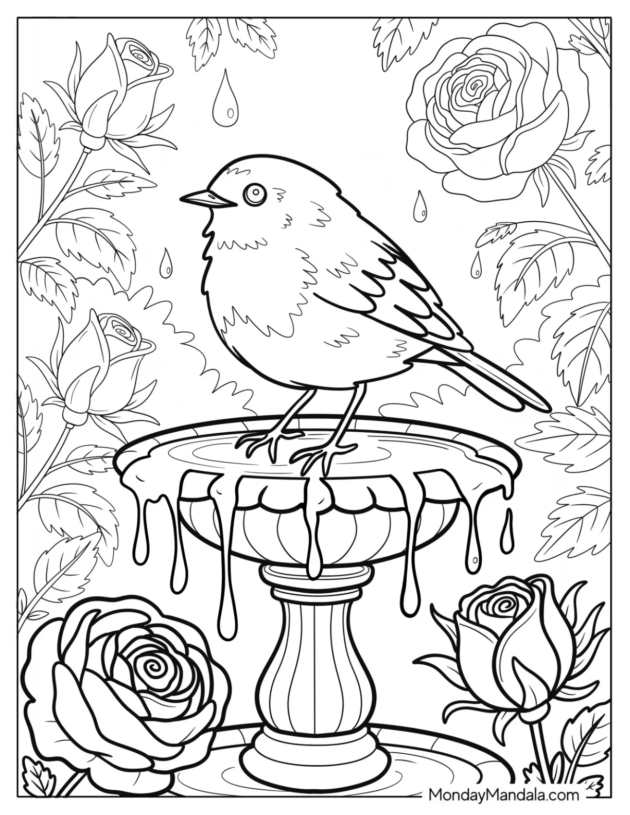 Robin Coloring Page on Birdbath with Raindrops and Blooming Roses in the Garden coloring page