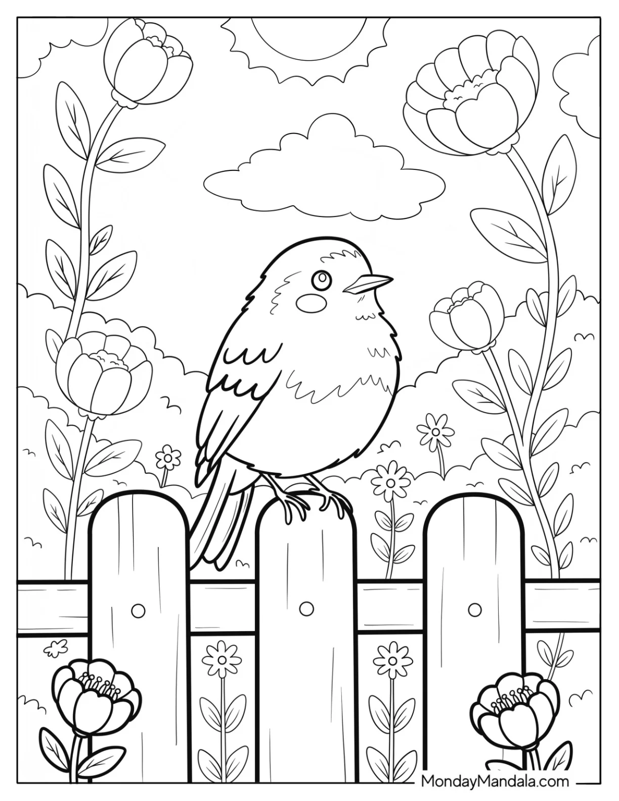 Robin Coloring Page on Garden Fence with Spring Flowers and Sunny Sky coloring page