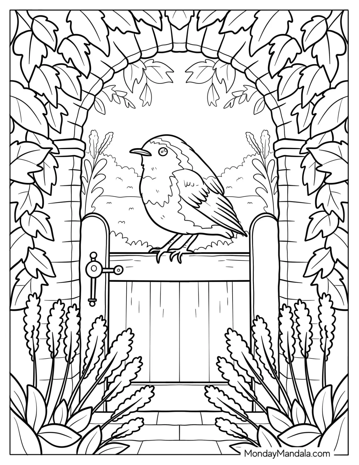 Robin Coloring Page on Garden Gate Beneath Leafy Stone Archway in Countryside coloring page