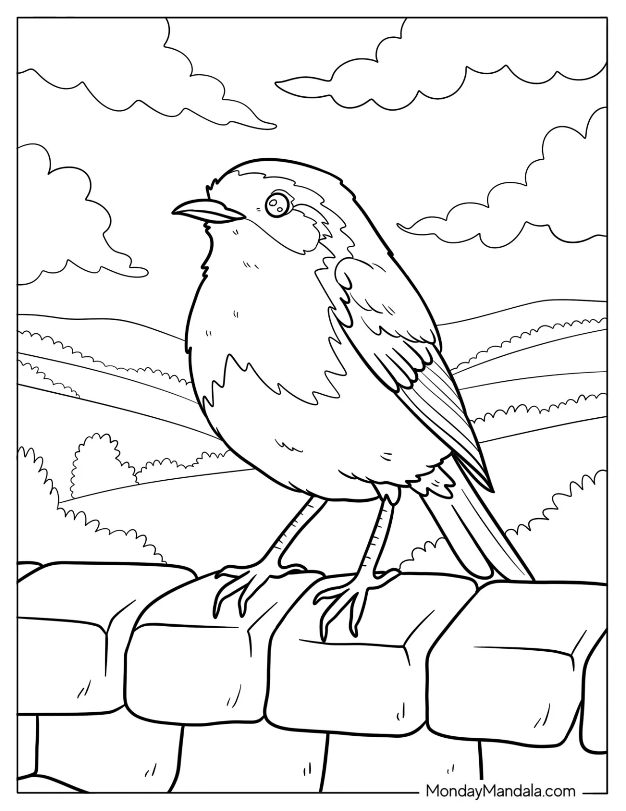 Robin Coloring Page on Stone Wall Overlooking Peaceful Hills and Countryside coloring page