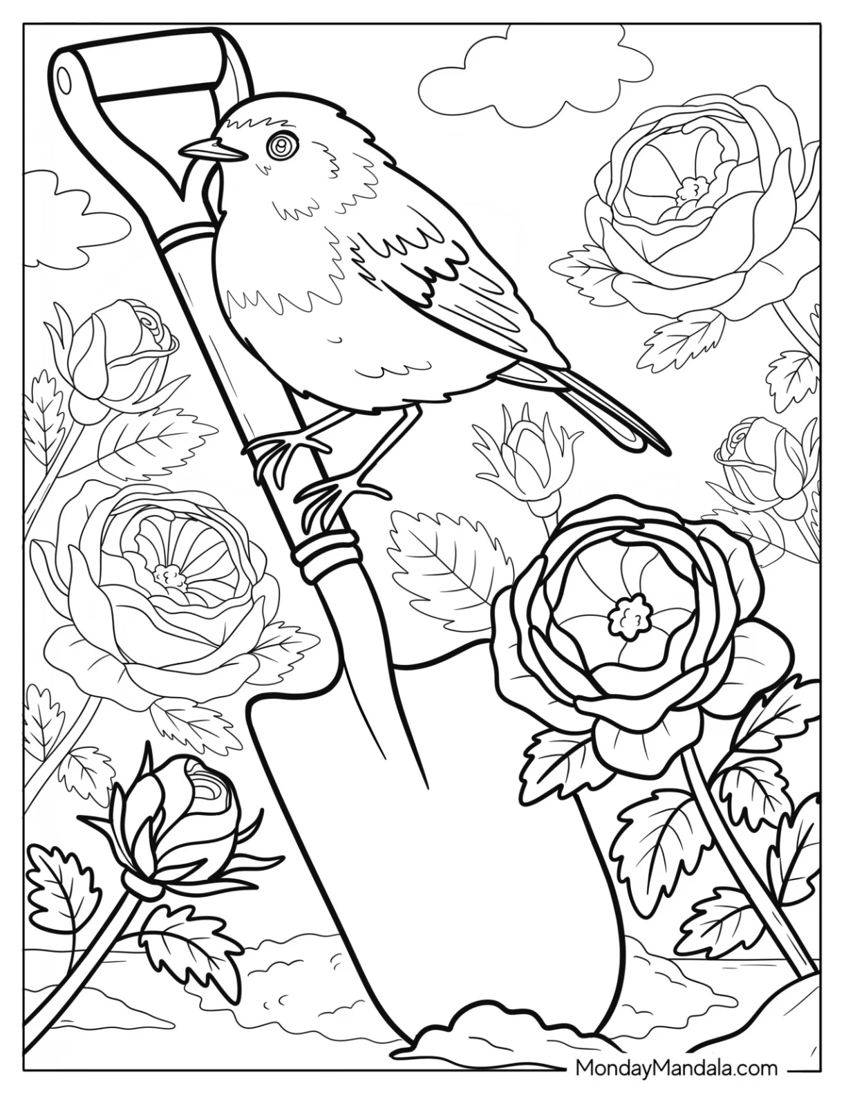 Robin Coloring Page Perched on Garden Shovel Surrounded by Roses and Spring Blooms coloring page