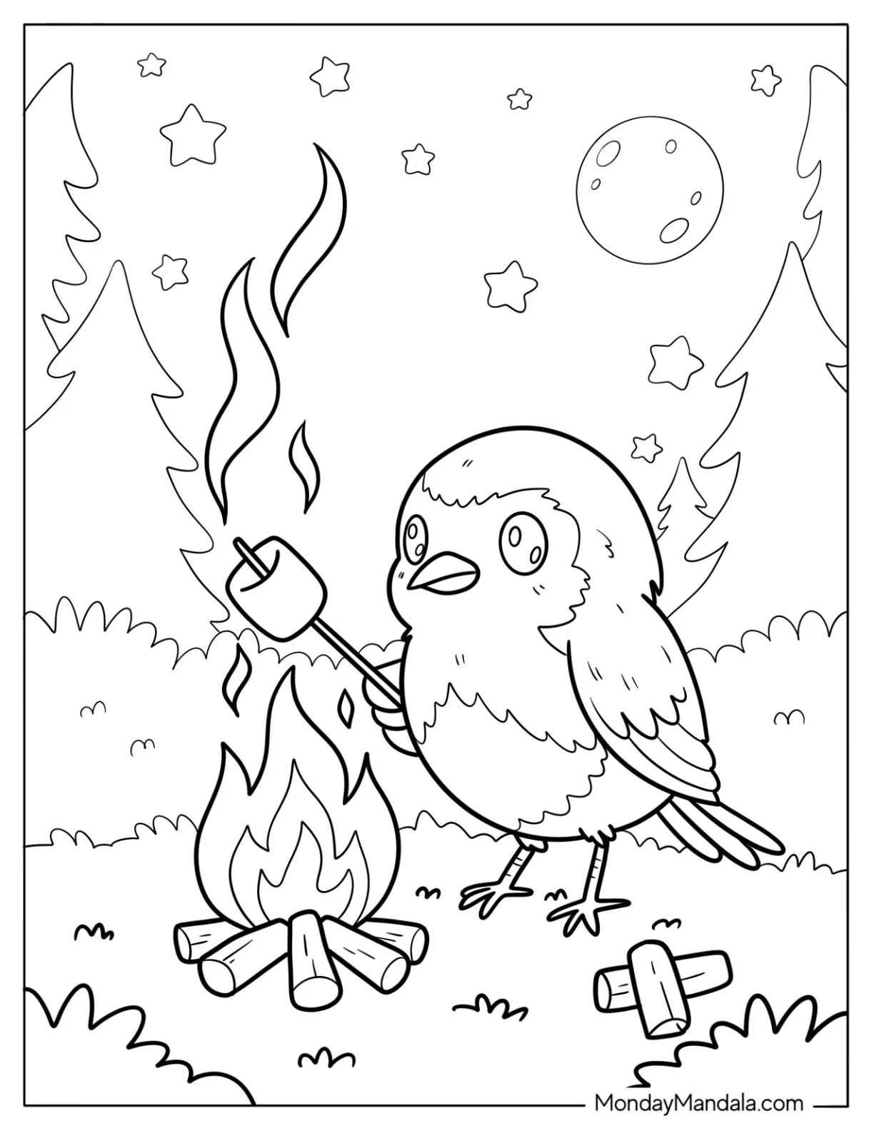 Robin Coloring Page Roasting Marshmallows by Campfire Under Stars and Moon for Kids coloring page