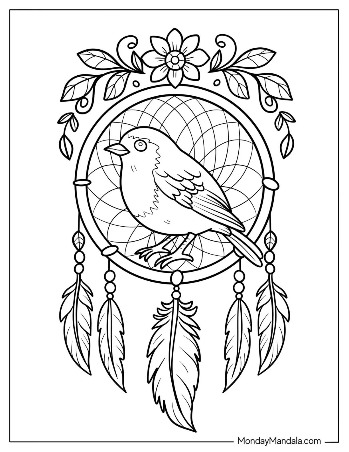 Sacred Robin Coloring Page in Floral Dreamcatcher with Feathers, Flower, and Leaves coloring page