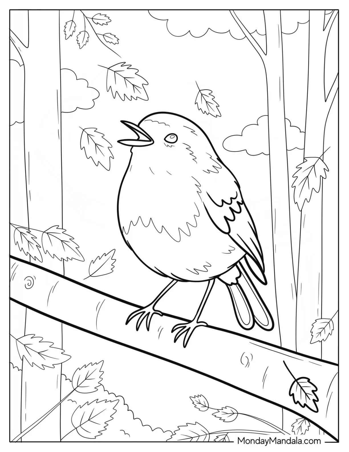 Singing Robin Coloring Page on Tree Branch with Falling Autumn Leaves coloring page — printable line art
