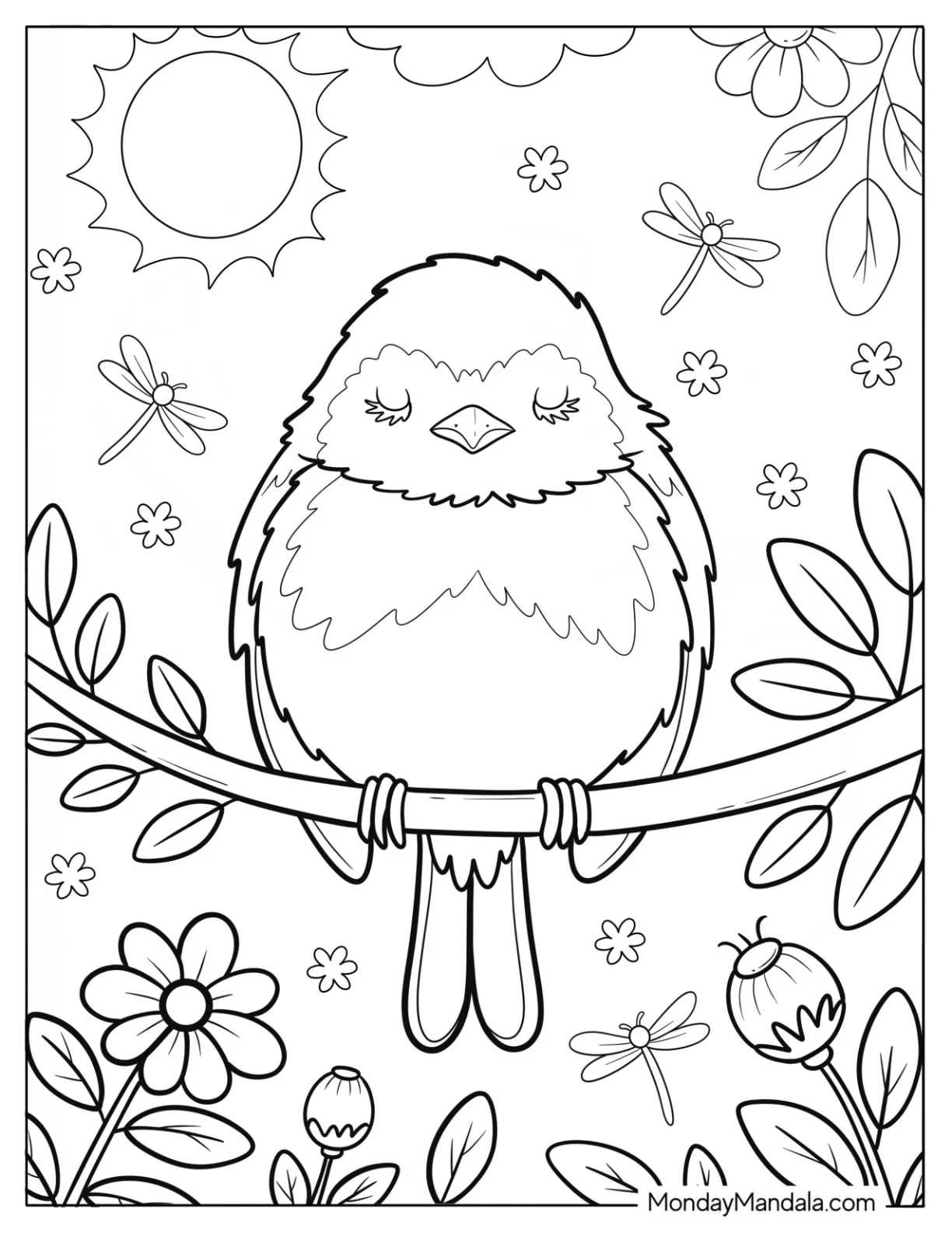 Sleepy Robin Coloring Page on Tree Branch with Sunflowers, Dragonflies, and Summer Breeze coloring page — printable line art