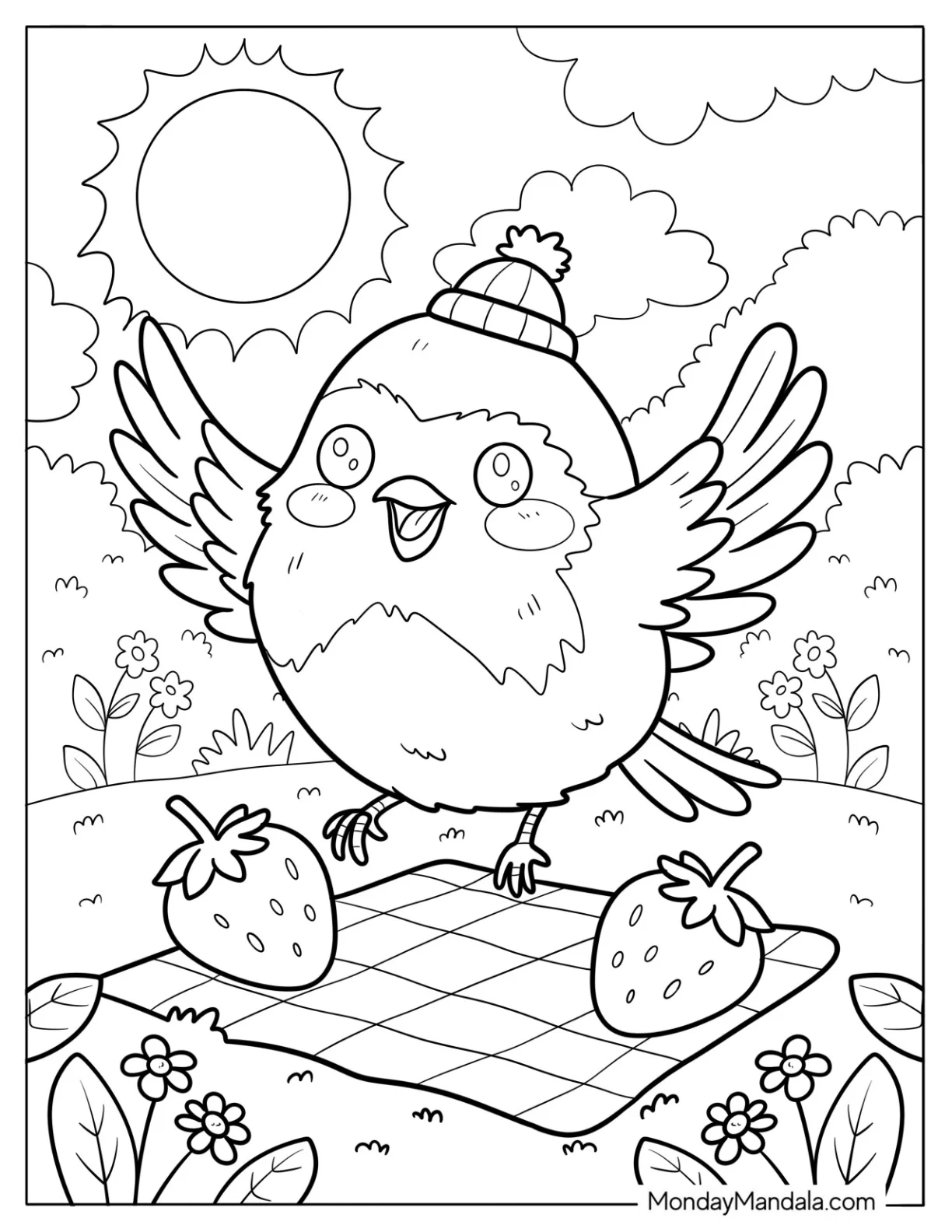 Sunny Garden Picnic with Robin Coloring Page in Hat and Sweet Summer Strawberries coloring page