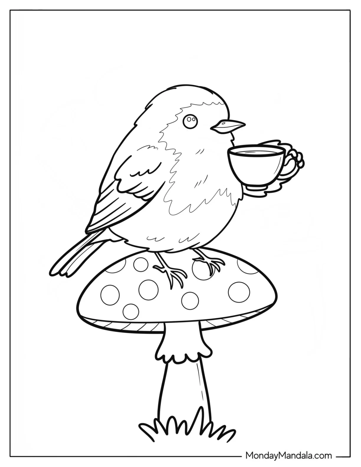Whimsical Robin Coloring Page Drinking Tea on Mushroom for Kids coloring page