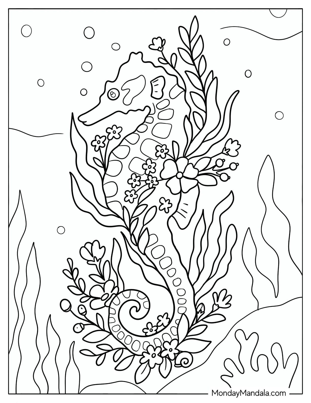 Adult Seahorse Covered in Flowers and Seaweed coloring page — printable line art