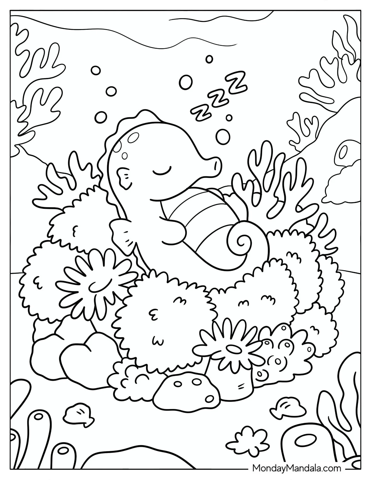 Baby Seahorse Sleeping on Corals Coloring Page for Kids coloring page
