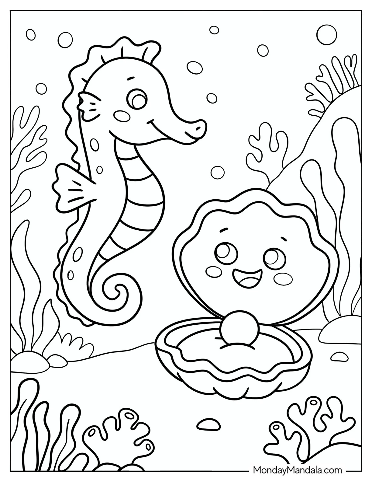 Baby Seahorse Talking to an Oyster with a Pearl coloring page — printable line art