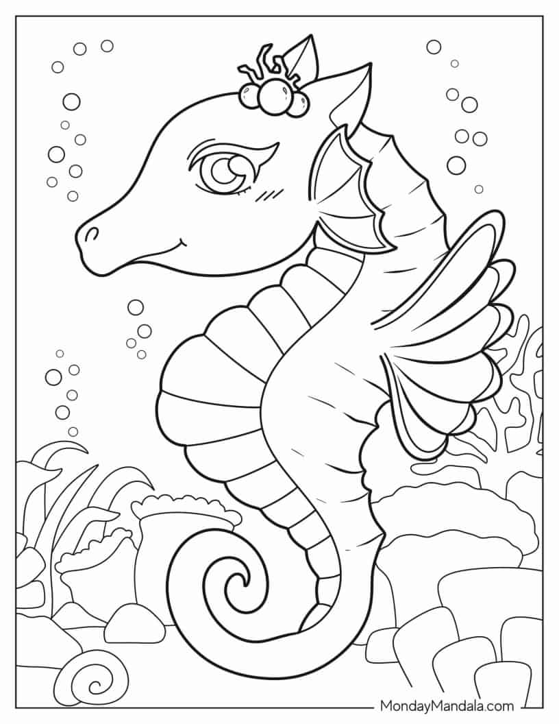 Cartoon Seahorse Surrounded By Coral coloring page — printable line art
