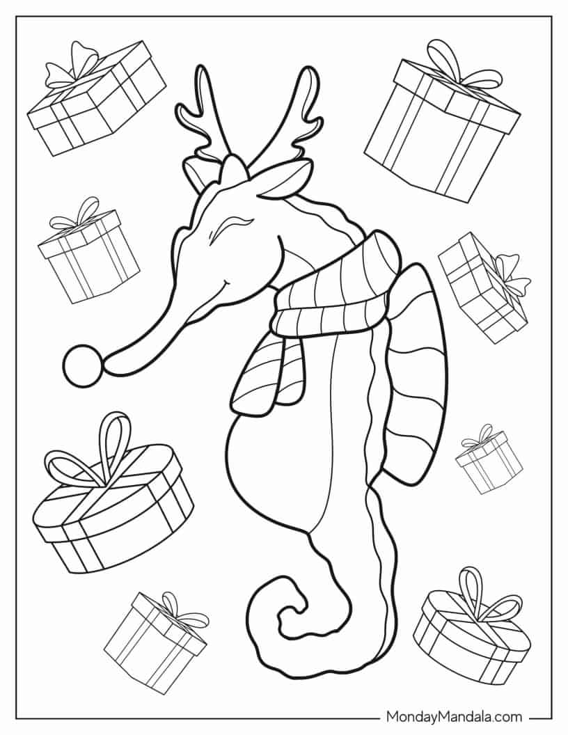 Christmas Themed Seahorse To Color coloring page — printable line art
