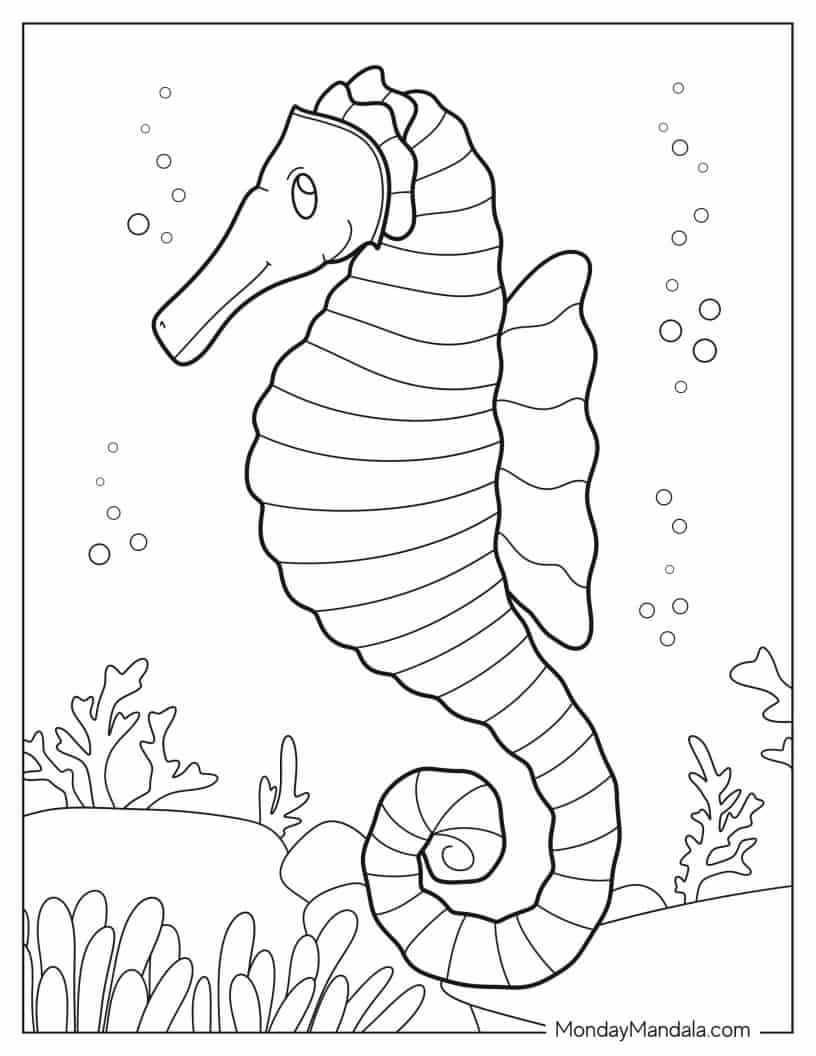 Coloring Page Of a Realistic Looking Seahorse coloring page — printable line art
