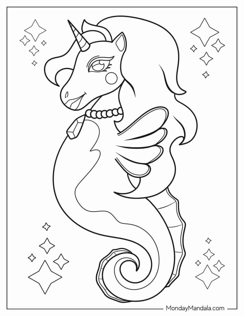 Coloring Page Of a Unicorn Seahorse coloring page