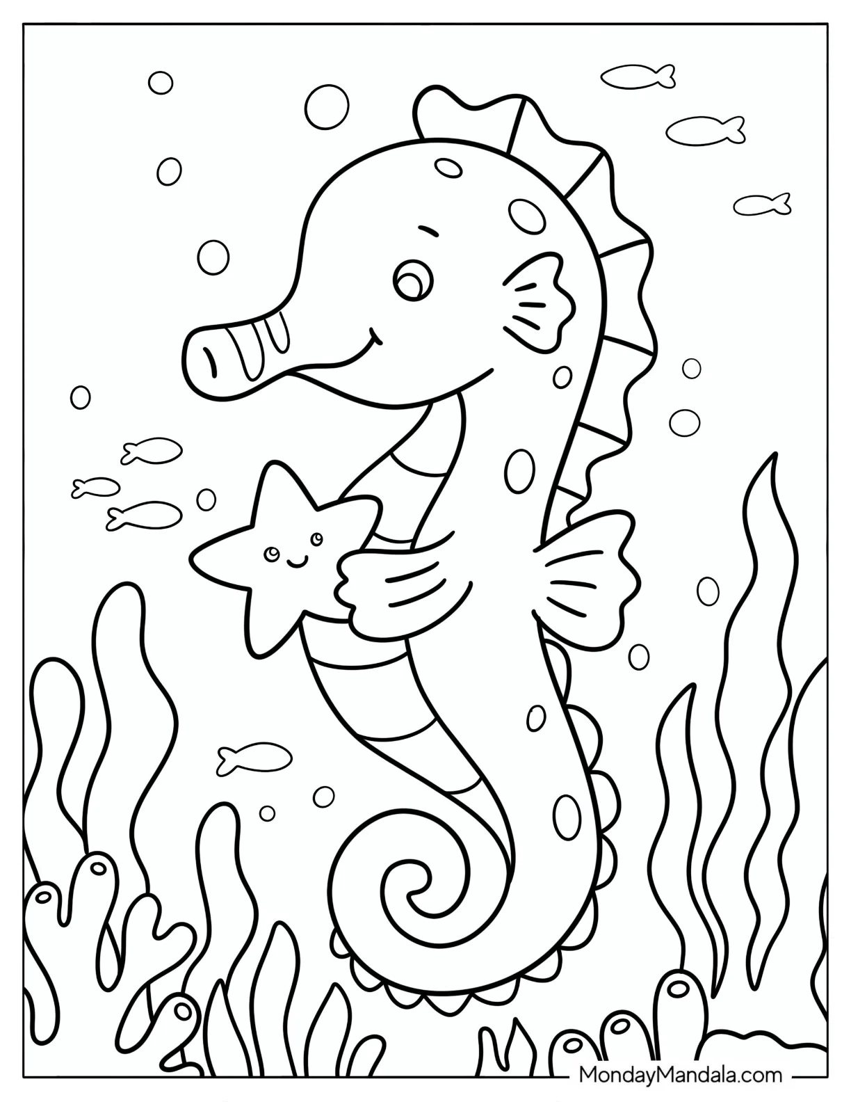 Cute Seahorse Holding a Starfish Coloring Page for Preschoolers coloring page — printable line art