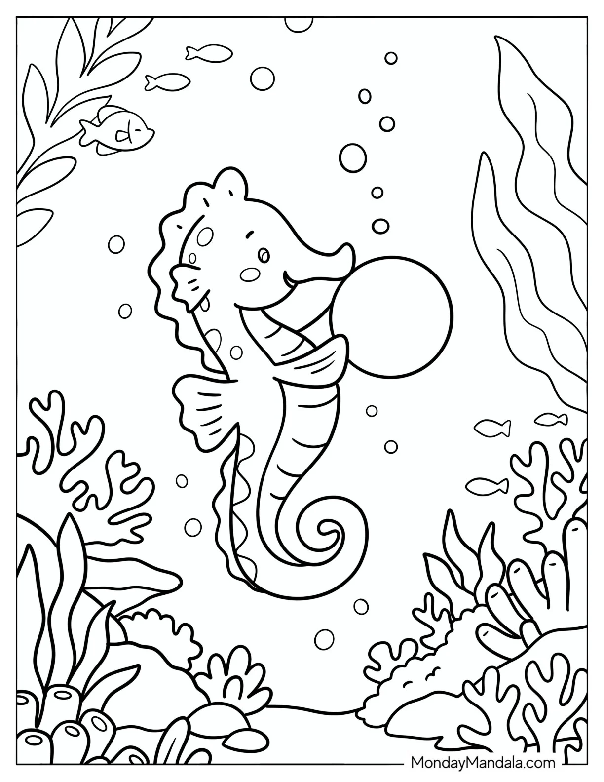 Easy Seahorse Playing with a Pearl Coloring Page for Preschoolers coloring page — printable line art