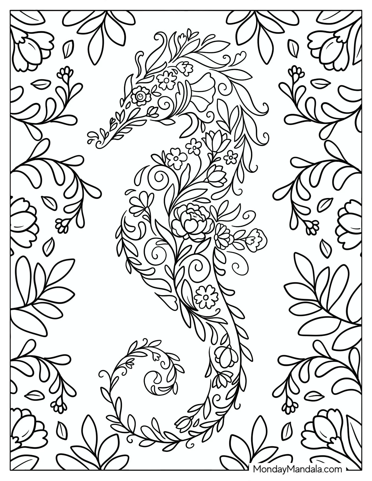 Elegant Floral Seahorse coloring page — printable line art