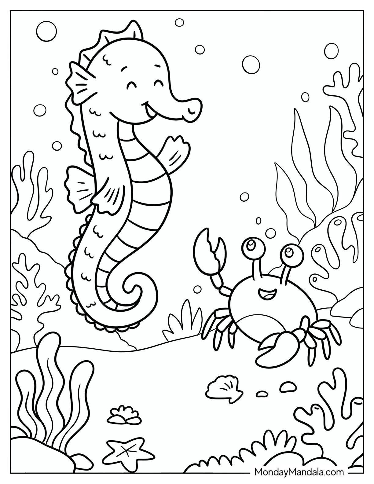 Friendly Seahorse Waving at a Crab Coloring Page for Kids coloring page — printable line art