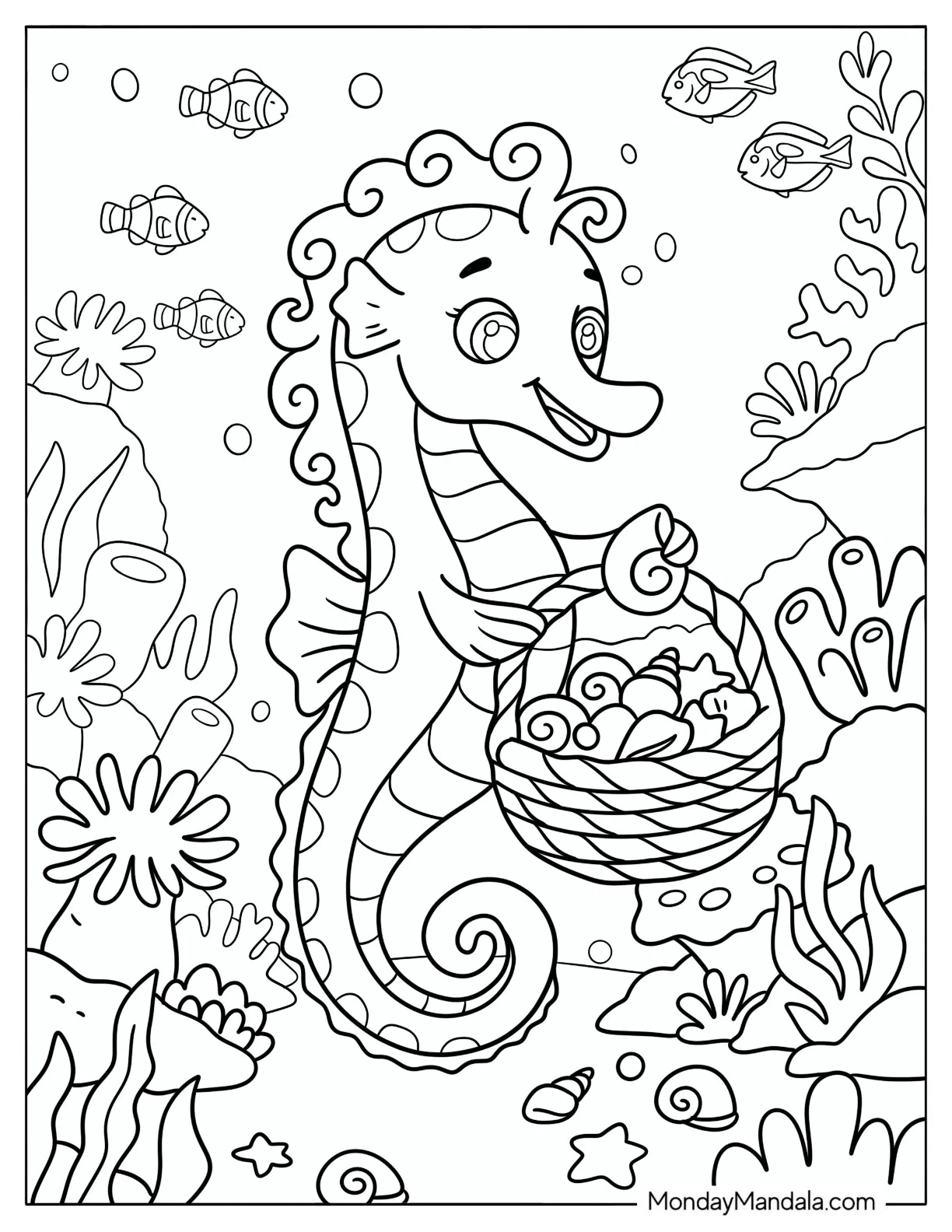 Happy Seahorse Collecting Seashells Underwater Coloring Sheet coloring page — printable line art