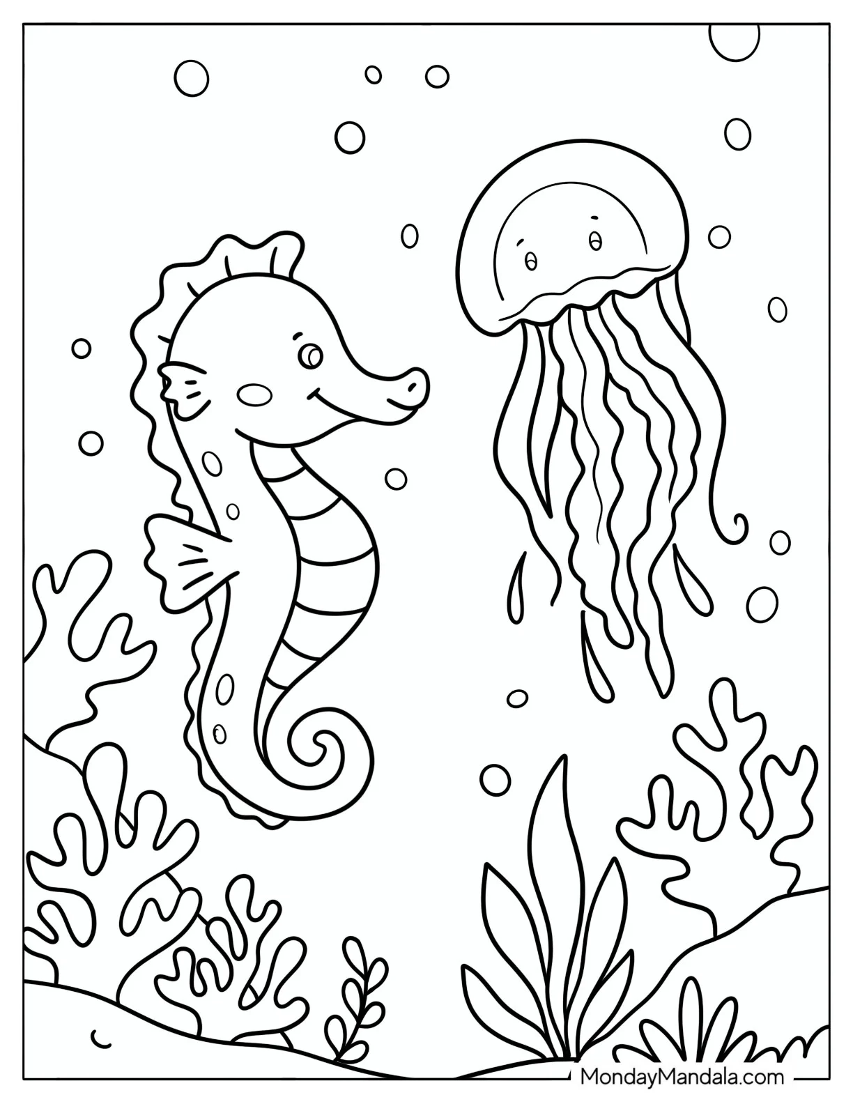 Jellyfish Swimming with Seahorse Coloring Sheet for Kids coloring page — printable line art