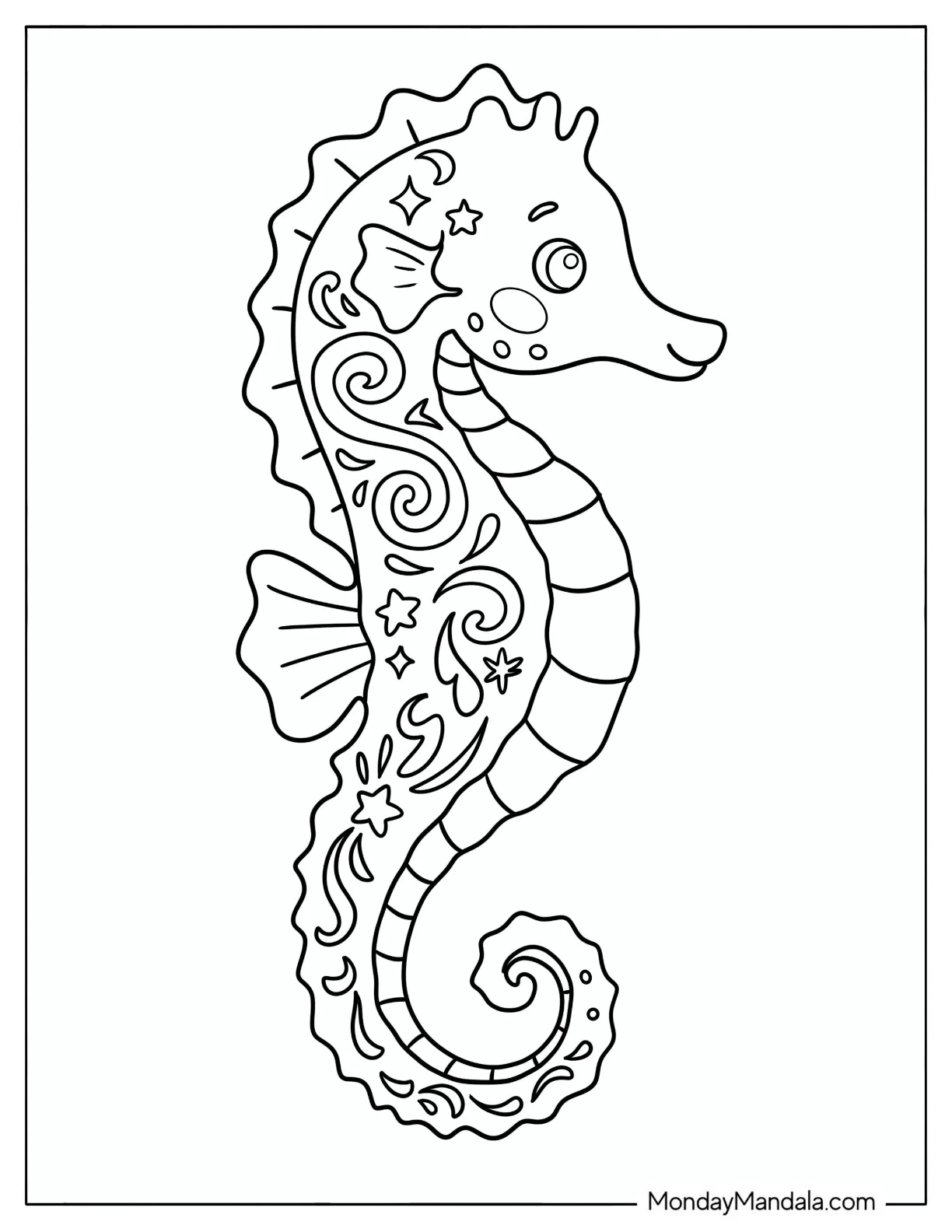 Kawaii Patterned Seahorse Coloring Page for Kids coloring page — printable line art