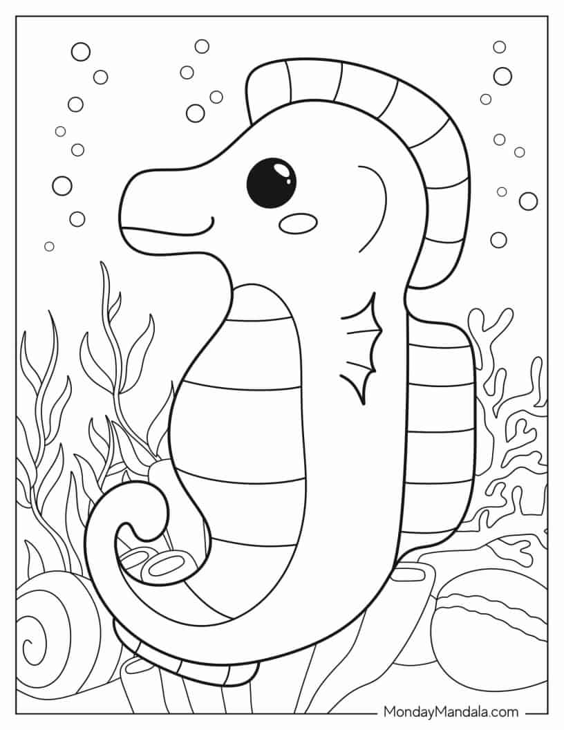 Kawaii Seahorse Coloring Page coloring page — printable line art