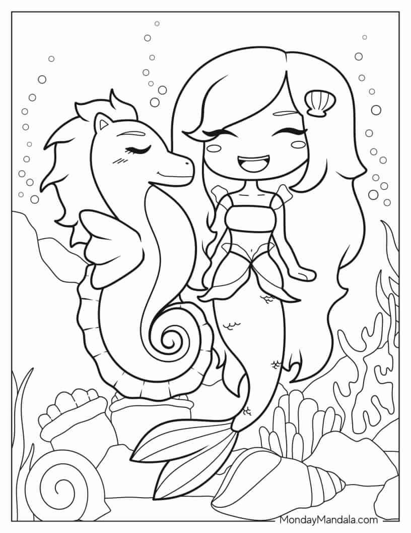 Kawaii Themed Seahorse And Mermaid coloring page — printable line art
