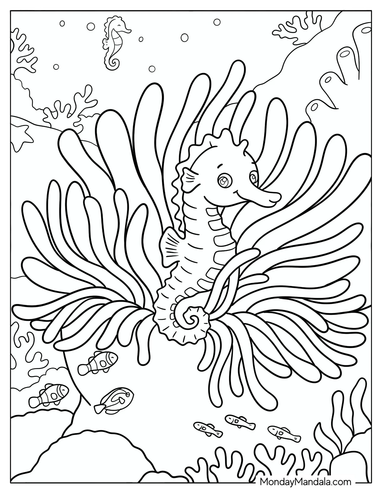 Little Seahorse Resting in Seaweed Coloring Page for Kids coloring page — printable line art