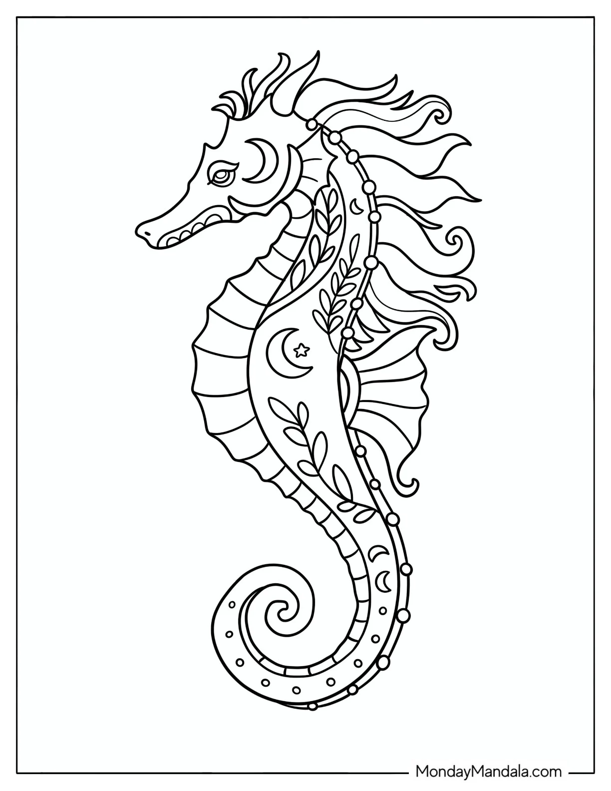 Majestic Seahorse with Leaf and Moon Patterns Coloring Page coloring page — printable line art
