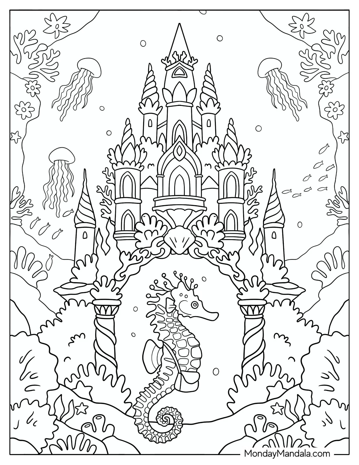 Messenger Seahorse in an Underwater Castle Coloring Page coloring page