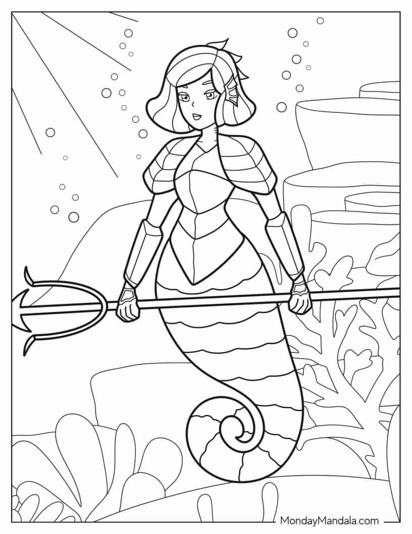 Mythical Seahorse Mermaid Coloring Page coloring page — printable line art