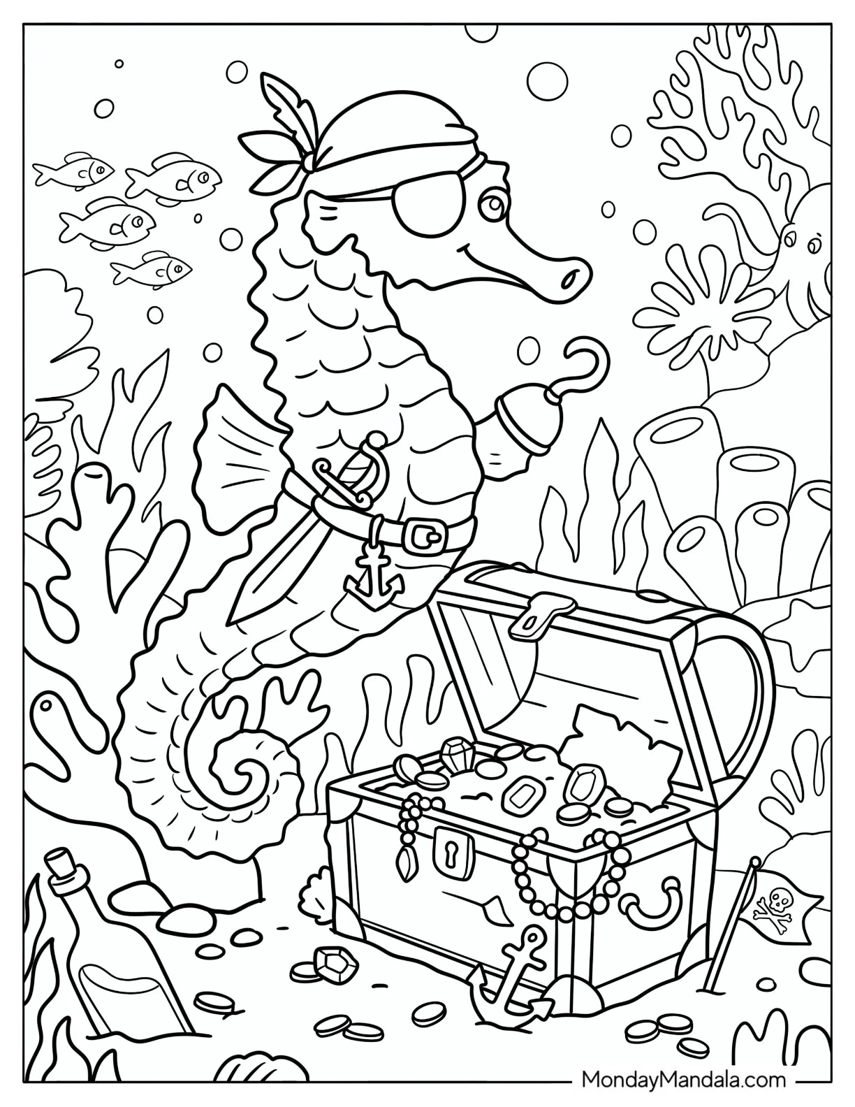 Pirate Seahorse with a Treasure Chest Coloring Page for Kids coloring page