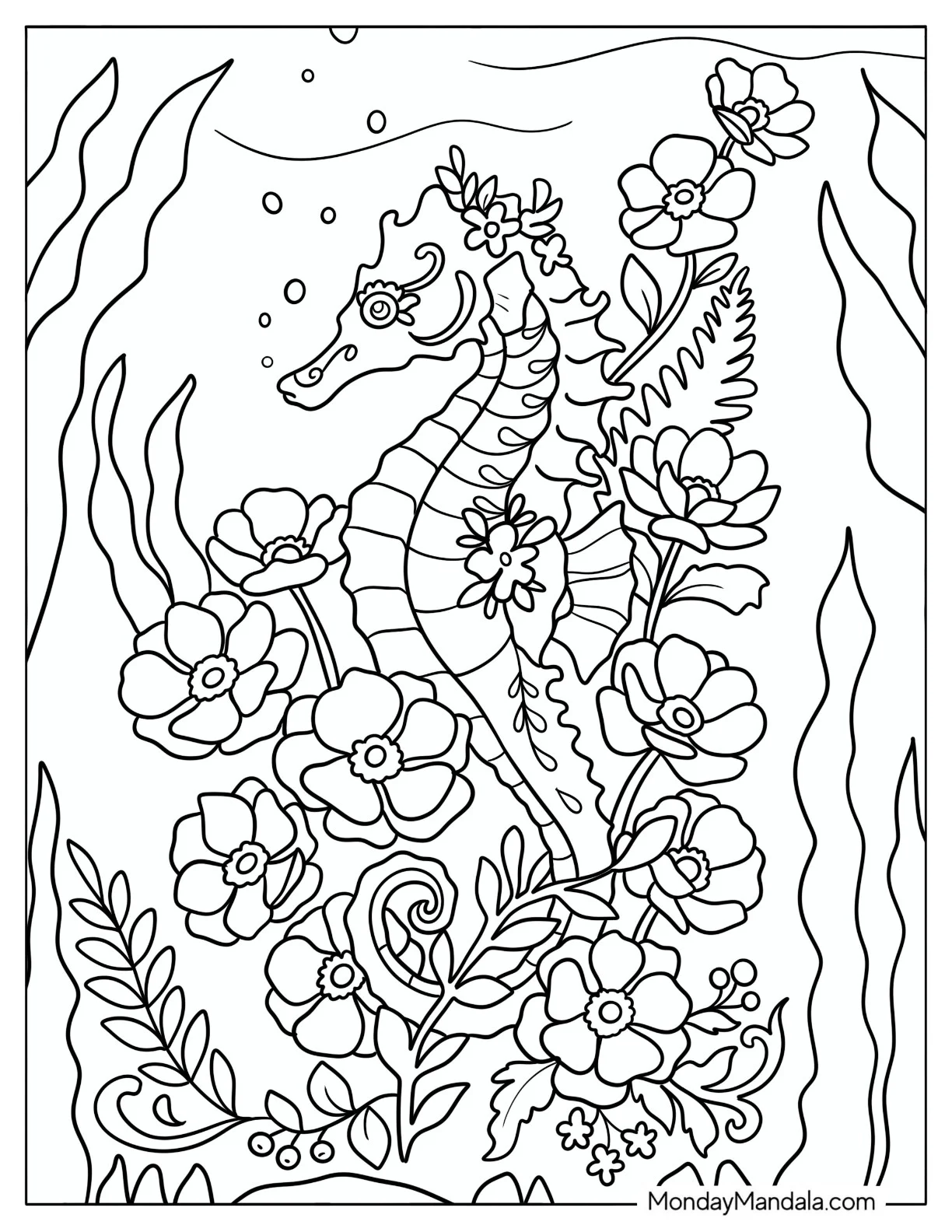 Pretty Seahorse Covered in Flowers Coloring Sheet coloring page — printable line art