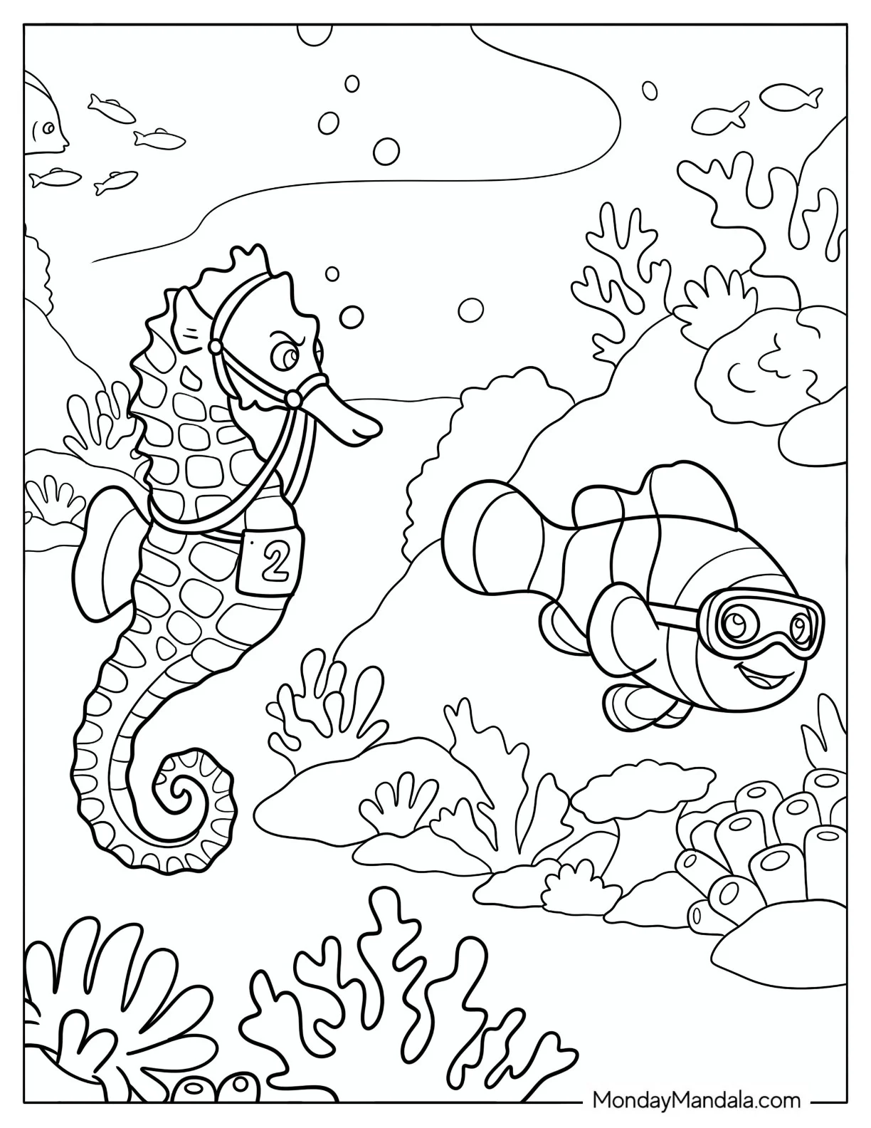 Race Seahorse with a Clown Fish in Goggles coloring page — printable line art