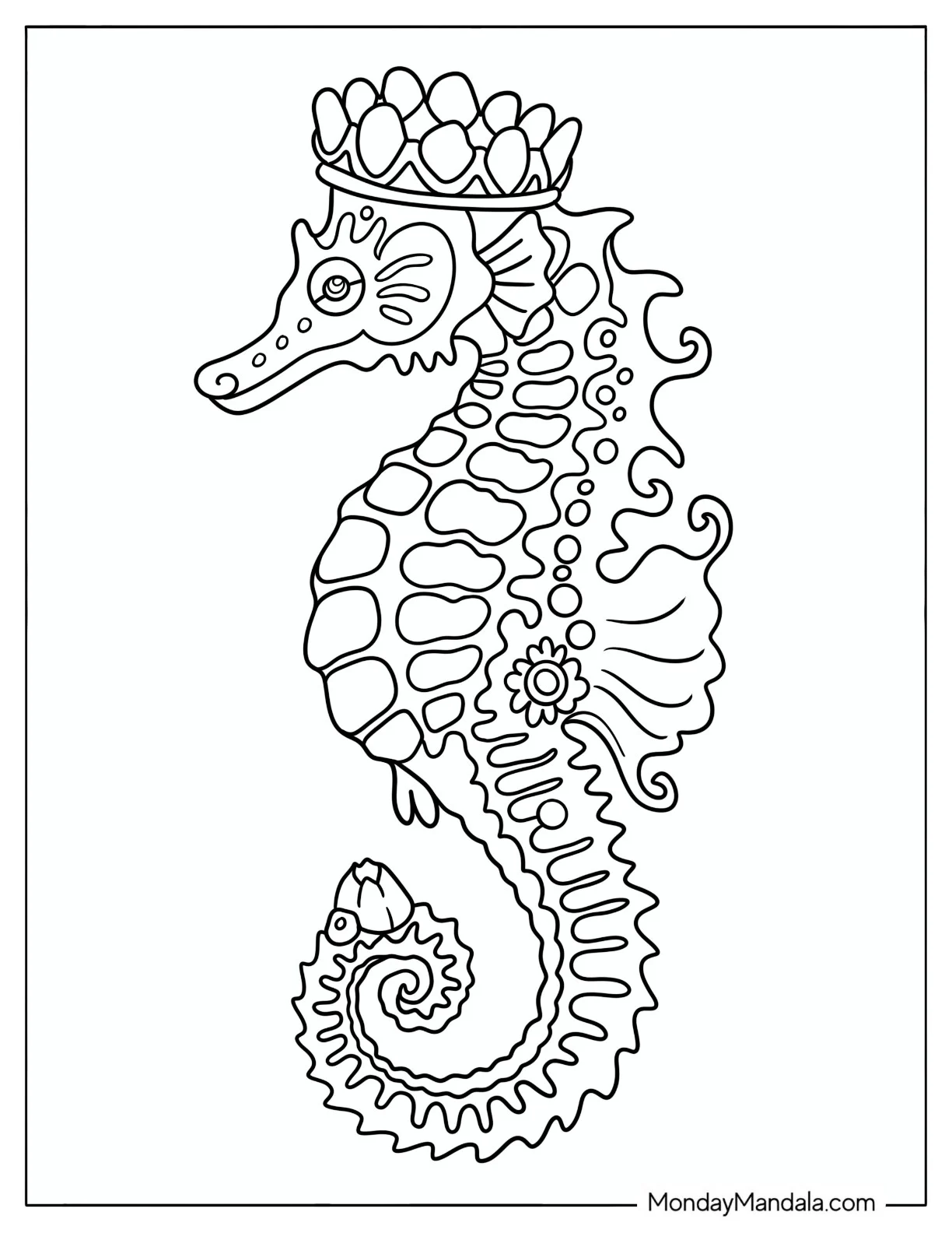 Scaly Seahorse with Crown Coloring Sheet coloring page