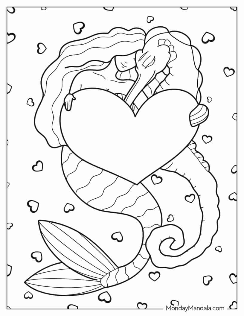 Seahorse And Mermaid With Love Heart To Color coloring page