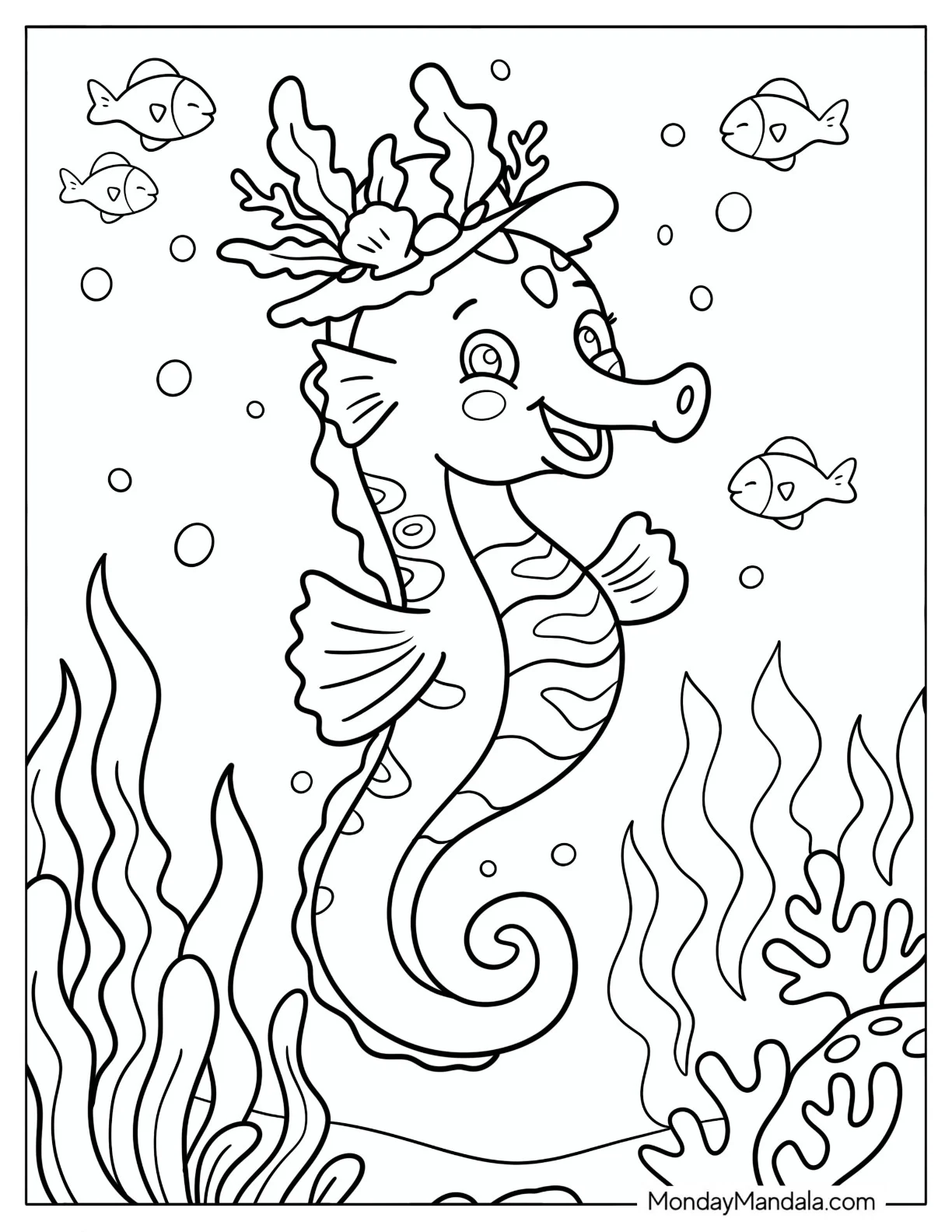 Seahorse with Coral Hat Coloring Page coloring page