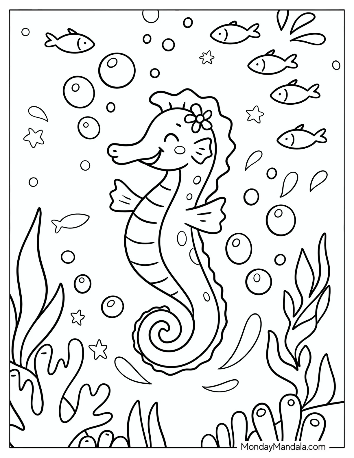 Smiling Seahorse Surrounded by Fish and Bubbles coloring page