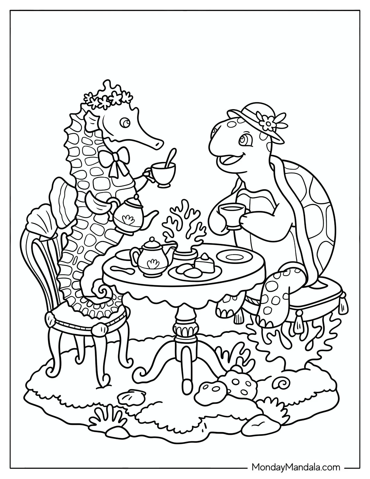 Tea Time with Turtle and Seahorse Coloring Page coloring page