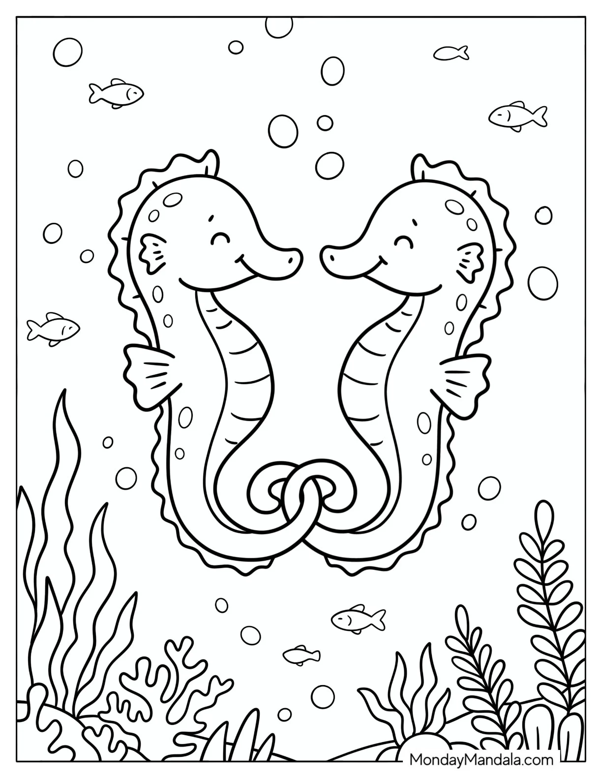 Two Baby Seahorses Smiling at Each Other coloring page