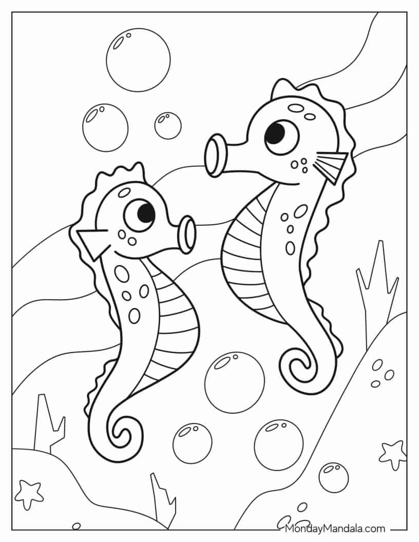 Two Cute Seahorses Blowing Bubbles coloring page — printable line art