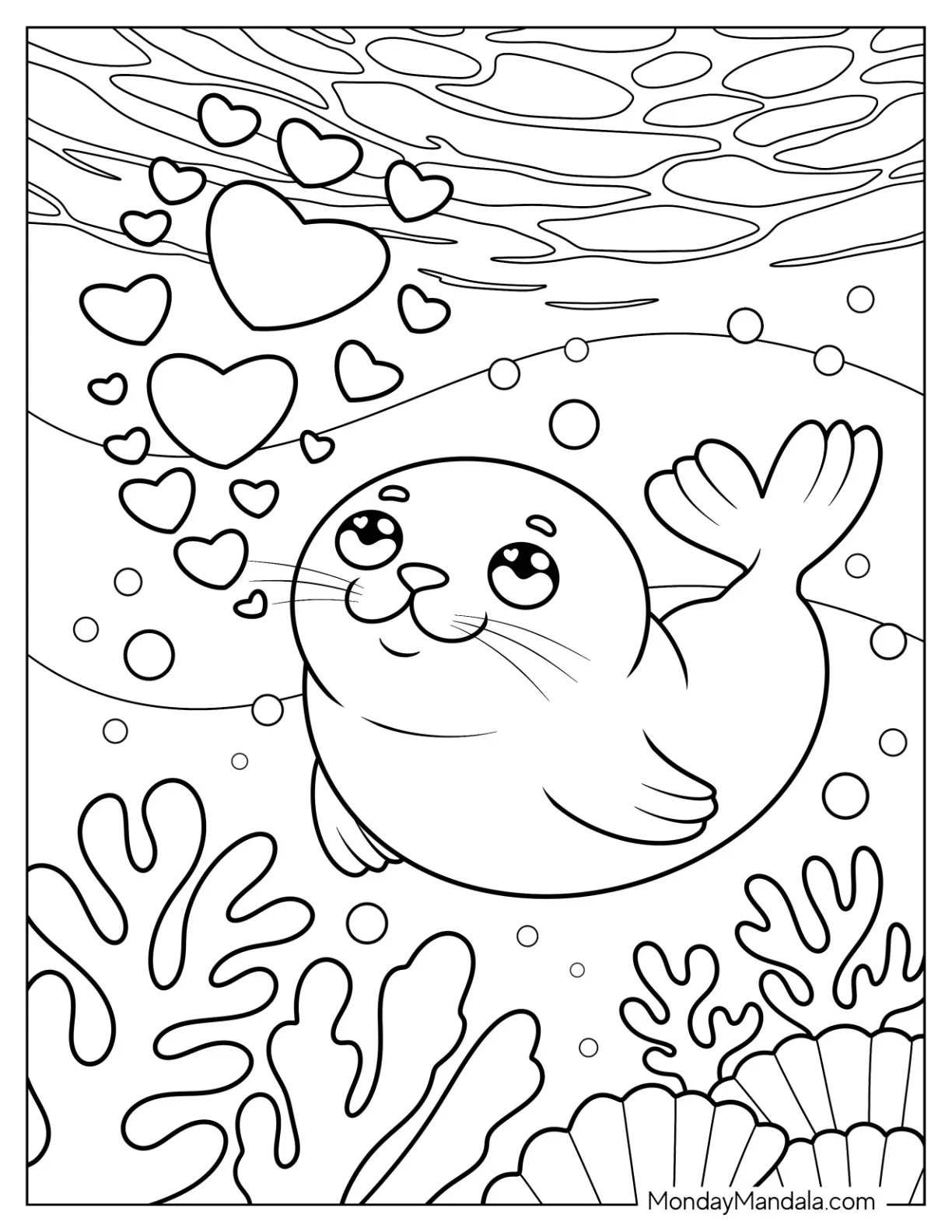 Baby Seal Coloring Page Underwater with Love Heart Bubbles for Kids coloring page