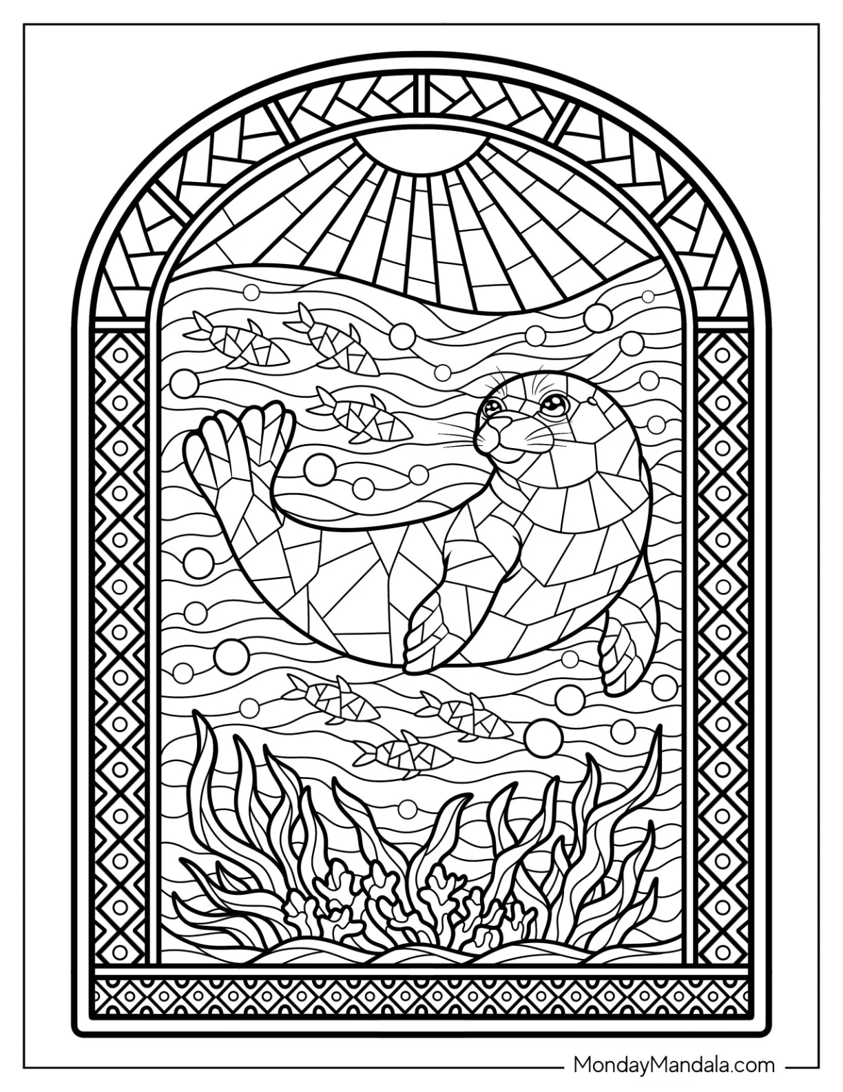 Elegant Stained Glass of a Seal Coloring Page Underwater coloring page