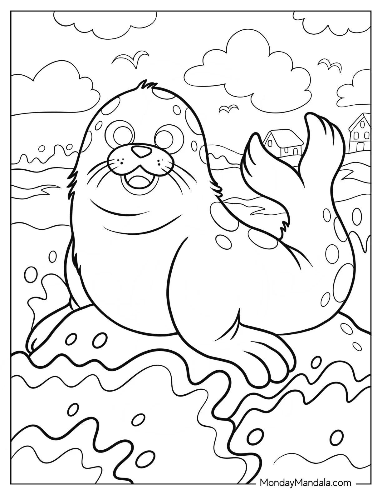 Happy Seal Coloring Page On A Rock For Kids coloring page — printable line art
